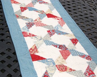Table Runner, Handmade Quilted Lattice Design in Red White and Blue, Indoor or Outdoor Decor, Gift for Her, Fourth of July