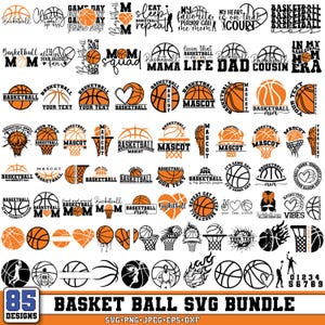 May include: A collection of 85 basketball-themed SVG designs in orange and black. The designs include basketballs, hoops, and text such as "MOM", "MASCOT", and "GAME DAY". The bottom of the image reads "BASKET BALL SVG BUNDLE".