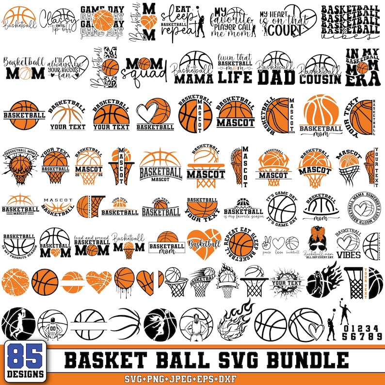 Pu&ograve; includere: Una collezione di 85 design SVG a tema basket in arancione e nero. I design includono palloni da basket, canestri e testo come "MOM", "MASCOT" e "GAME DAY". La parte inferiore dell'immagine recita "BASKET BALL SVG BUNDLE".