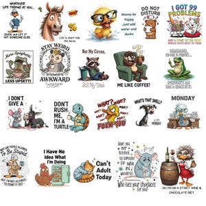 K&ouml;nnte beinhalten: Eine Sammlung humorvoller Aufkleber mit verschiedenen Zeichentieren und Spr&uuml;chen. Designs umfassen eine Ente, ein Pferd, einen B&auml;ren, eine Katze, einen Frosch und eine Maus, jeweils mit einzigartigen Ausdr&uuml;cken und Zitaten.