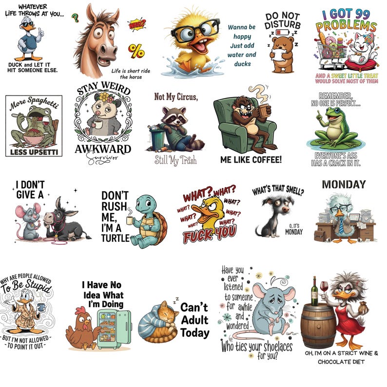 K&ouml;nnte beinhalten: Eine Sammlung humorvoller Aufkleber mit verschiedenen Zeichentieren und Spr&uuml;chen. Designs umfassen eine Ente, ein Pferd, einen B&auml;ren, eine Katze, einen Frosch und eine Maus, jeweils mit einzigartigen Ausdr&uuml;cken und Zitaten.