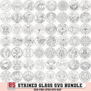 May include: A collection of 85 circular black and white line art designs featuring stained glass patterns of nature, animals, and geometric shapes. The text at the bottom reads 85 STAINED GLASS SVG BUNDLE SVG PNG JPEG EPS DXF.
