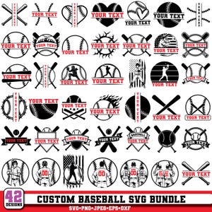 May include: A collection of 42 baseball-themed SVG designs in black and white. The designs include baseballs, bats, and text areas for customization. The text "YOUR TEXT" is present in many designs. The bundle is labeled "CUSTOM BASEBALL SVG BUNDLE".