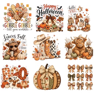 May include: A collection of nine autumn-themed graphic designs featuring a turkey with the text GOBBLE GOBBLE, a pumpkin scene with Happy Halloween, a goose with hello FALL, a highland cow with Leaves Fall, cowboy boots, a cow, BOO text, a pumpkin, and bows.