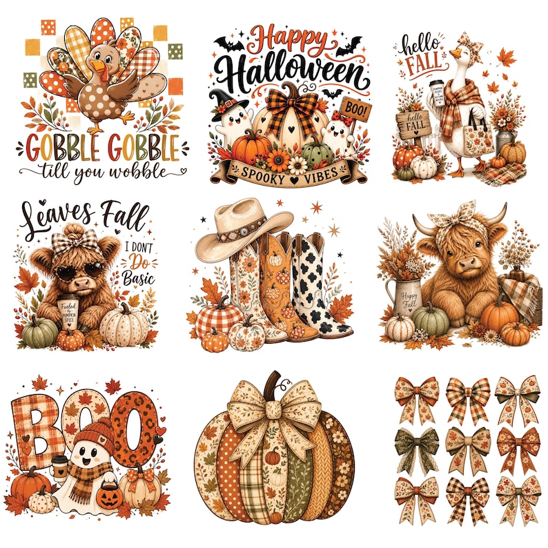 May include: A collection of nine autumn-themed graphic designs featuring a turkey with the text GOBBLE GOBBLE, a pumpkin scene with Happy Halloween, a goose with hello FALL, a highland cow with Leaves Fall, cowboy boots, a cow, BOO text, a pumpkin, and bows.