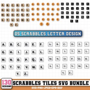 以下が含まれることがあります： さまざまなデザインのScrabbleタイルコレクション。個々の文字タイルと130のデザインのバンドルが含まれています。画像には「05 SCRABBLES LETTER DESIGN」と「130 SCRABBLES TILES SVG BUNDLE」というテキストが含まれています。