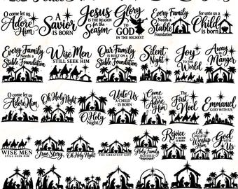 May include: A collection of 45 black nativity-themed digital designs featuring silhouettes of the holy family, wise men, and manger scenes, accompanied by religious text such as Blessed, Peace, Believe, Christ, Hope, Love, Joy, and Adore Him.