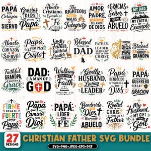 Puede incluir: Un conjunto de 27 diseños SVG cristianos para el Día del Padre. Los diseños presentan frases como "Papá", "Padre" y otras citas religiosas, con elementos decorativos y fuentes. Incluye formatos SVG, PNG, JPEG, EPS y DXF.