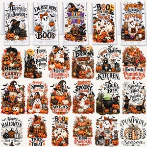 May include: A collection of twenty-five rectangular white kitchen towels featuring various Halloween-themed illustrations including ghosts, black cats, pumpkins, sunflowers, witches, and skeletons, accompanied by festive text like Happy Halloween.