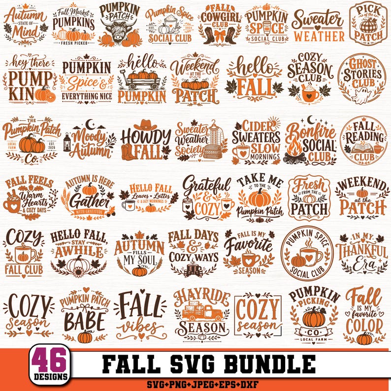 Peut inclure: Une collection num&eacute;rique de 46 designs graphiques sur le th&egrave;me de l'automne, avec une typographie orange et marron et des illustrations de citrouilles, feuilles, tasses &agrave; caf&eacute; et motifs saisonniers. Chaque design inclut des phrases th&eacute;matiques.