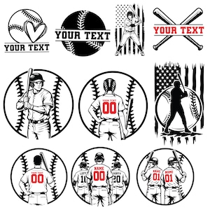 K&ouml;nnte beinhalten: Schwarz-wei&szlig;e Baseball-Grafiken. Enth&auml;lt Baseb&auml;lle mit Text, ein Herz und gekreuzte Schl&auml;ger. Auch Baseballspieler mit Text und Zahlen.