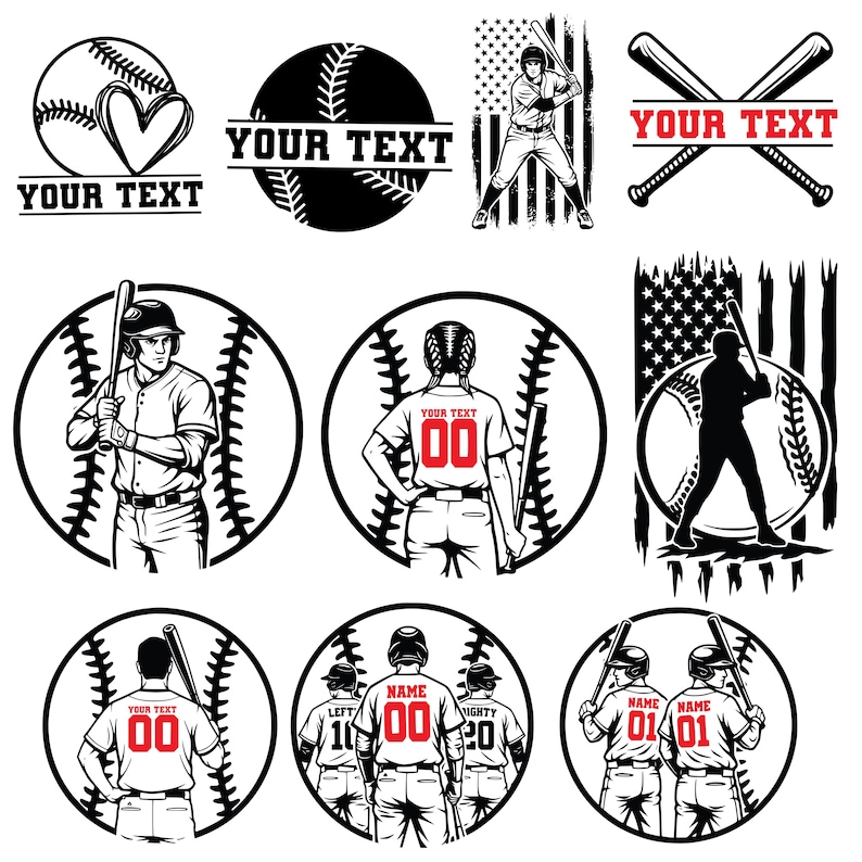 K&ouml;nnte beinhalten: Schwarz-wei&szlig;e Baseball-Grafiken. Enth&auml;lt Baseb&auml;lle mit Text, ein Herz und gekreuzte Schl&auml;ger. Auch Baseballspieler mit Text und Zahlen.