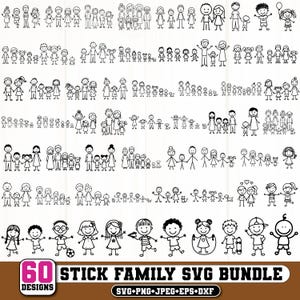 Può includere: Una collezione di 60 disegni SVG di famiglie stilizzate in bianco e nero. Le illustrazioni raffigurano varie configurazioni familiari, inclusi genitori e figli, in uno stile semplice e a cartoni animati. L'immagine include il testo "60 STICK FAMILY SVG BUNDLE".