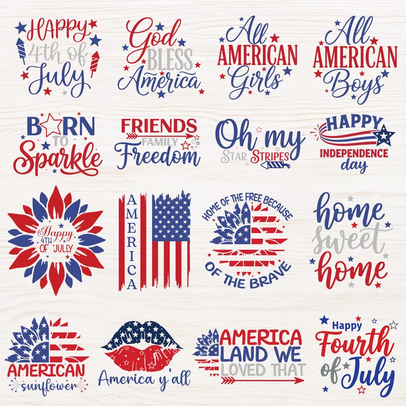 May include: A collection of patriotic designs in red, white, and blue. The designs include text such as "Happy 4th of July," "God Bless America," and "America." The image is perfect for Independence Day.