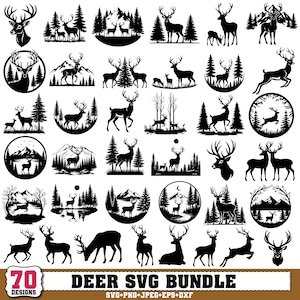 May include: A collection of 70 deer-themed SVG designs in black and white. The designs include silhouettes of deer in various poses, with mountain and forest backgrounds. The text "DEER SVG BUNDLE" is at the bottom.
