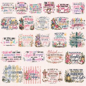 Puede incluir: Una colección de veintidós diseños gráficos digitales individuales que presentan versículos bíblicos y citas inspiradoras. Cada diseño incorpora elementos florales, cruces, linternas y texto en caligrafía de varios colores.