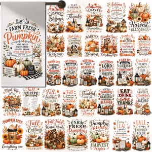 May include: A collection of rectangular decorative signs featuring autumn-themed illustrations, including pumpkins, fall foliage, and seasonal text like Farm Fresh Pumpkin, Harvest Blessings, and Give Thanks, arranged in a grid pattern on a white background.
