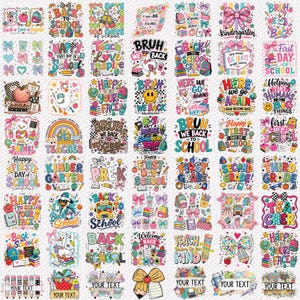 May include: A digital collection of colorful back-to-school themed graphic designs featuring illustrations of school supplies, ducks, bows, and text such as Back to School, Kindergarten, and First Day of School arranged in a grid pattern.
