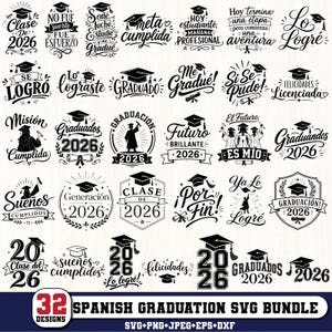 Puede incluir: Una colección de 32 diseños gráficos digitales en blanco y negro con temáticas de graduación en español. Cada diseño incorpora elementos como birretes, diplomas y el año 2026, con diversos estilos de tipografía caligráfica y negrita.
