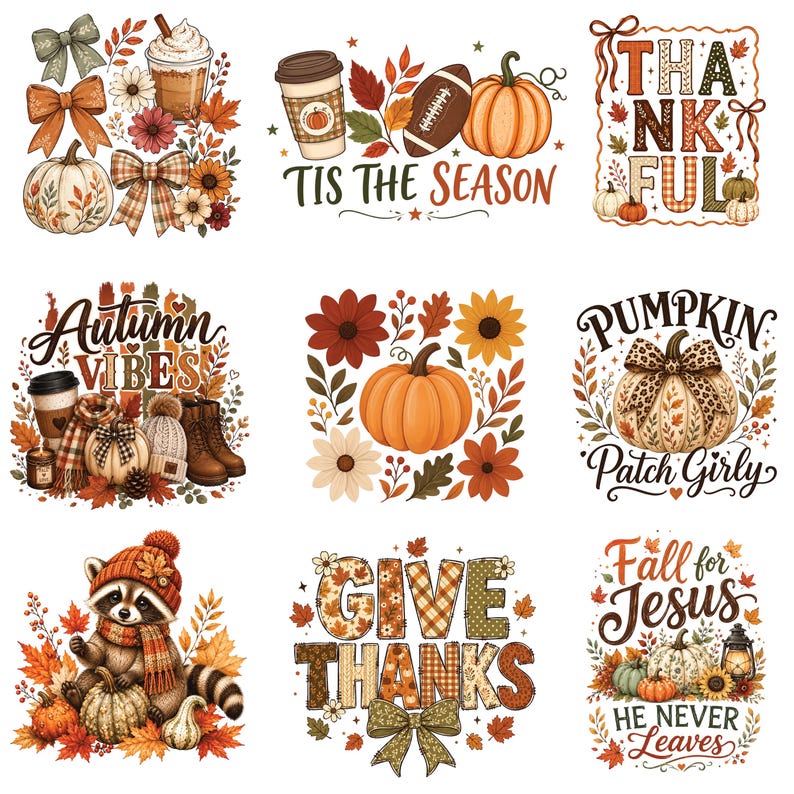 May include: A collection of nine autumn-themed graphic designs featuring pumpkins, fall foliage, coffee cups, a football, a raccoon, and text including "Tis the Season," "Thankful," "Autumn Vibes," "Pumpkin Patch Girly," "Give Thanks," and "Fall for Jesus."