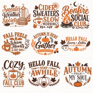 Peut inclure: Un ensemble de neuf motifs graphiques sur le th&egrave;me de l'automne avec une typographie et des illustrations orange et marron. Les &eacute;l&eacute;ments incluent des pulls, des tasses, des citrouilles, des feux de camp et des feuilles avec des textes vari&eacute;s.