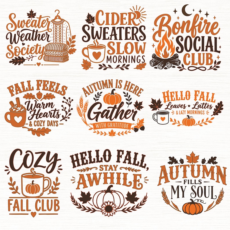 Peut inclure: Un ensemble de neuf motifs graphiques sur le th&egrave;me de l'automne avec une typographie et des illustrations orange et marron. Les &eacute;l&eacute;ments incluent des pulls, des tasses, des citrouilles, des feux de camp et des feuilles avec des textes vari&eacute;s.