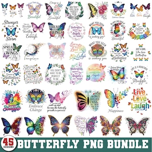 Puede incluir: Una colección de 45 diseños PNG de mariposas en varios colores y estilos. Cada diseño presenta una mariposa con citas y frases inspiradoras como "Spread Your Wings and Fly" y "Embrace Change".