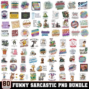 K&ouml;nnte beinhalten: Eine Sammlung von 80 lustigen und sarkastischen PNG-Designs mit verschiedenen Zitaten und Illustrationen. Die Designs enthalten S&auml;tze wie "Ich bin nicht antisozial, selektiv sozial" und "Halt die Klappe!" in einer Vielzahl von Farben und Schriftarten.
