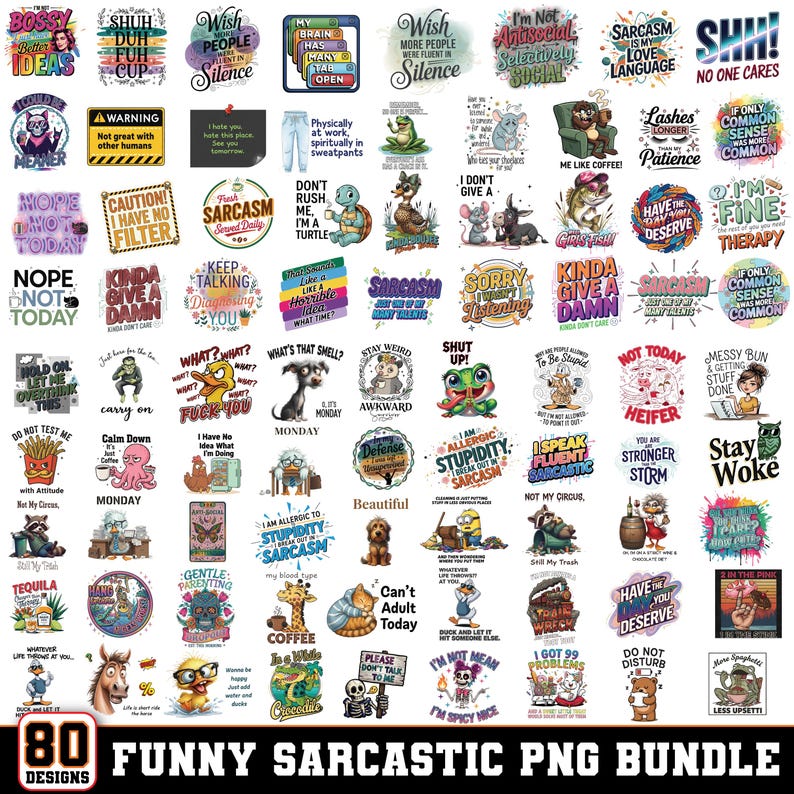 K&ouml;nnte beinhalten: Eine Sammlung von 80 lustigen und sarkastischen PNG-Designs mit verschiedenen Zitaten und Illustrationen. Die Designs enthalten S&auml;tze wie "Ich bin nicht antisozial, selektiv sozial" und "Halt die Klappe!" in einer Vielzahl von Farben und Schriftarten.