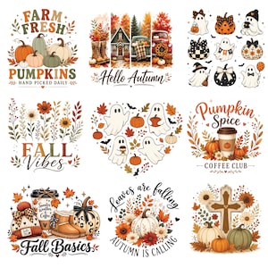 May include: A collection of nine autumn-themed graphic designs featuring pumpkins, ghosts, fall foliage, coffee cups, boots, and a wooden cross. Text elements include Farm Fresh Pumpkins, Hello Autumn, Fall Vibes, Pumpkin Spice Coffee Club, Fall Basics, and Leaves are falling Autumn is calling.