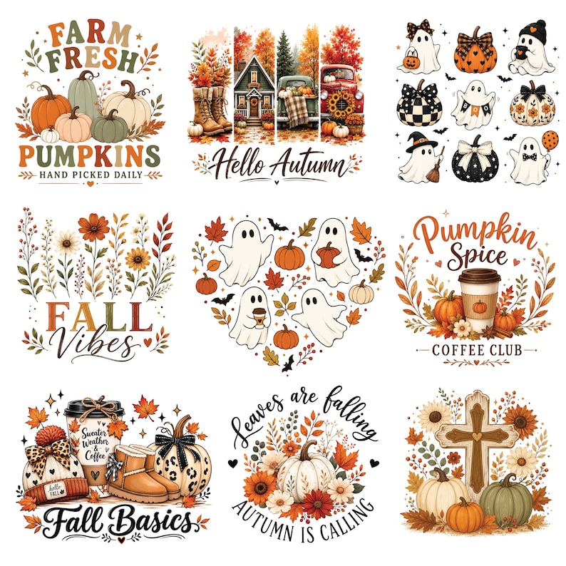 May include: A collection of nine autumn-themed graphic designs featuring pumpkins, ghosts, fall foliage, coffee cups, boots, and a wooden cross. Text elements include Farm Fresh Pumpkins, Hello Autumn, Fall Vibes, Pumpkin Spice Coffee Club, Fall Basics, and Leaves are falling Autumn is calling.