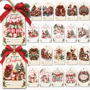 May include: A collection of rectangular paper gift tags featuring various Christmas-themed illustrations including Santa Claus, reindeer, snowmen, presents, and pine trees. Each tag has a hole at the top, a red ribbon, and lines for To and From.