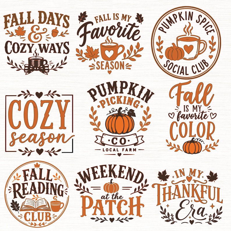 Peut inclure: Un ensemble de neuf designs graphiques num&eacute;riques pr&eacute;sentant une typographie et des illustrations sur le th&egrave;me de l'automne. Les motifs incluent des phrases comme Fall Days & Cozy Ways, Pumpkin Spice Social Club et In My Thankful Era, orn&eacute;s de citrouilles, de feuilles et de tasses.