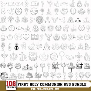 Può includere: Una collezione di 106 disegni SVG di Prima Comunione in bianco e nero. I disegni includono croci, colombe, calici, angeli e testo che recita "Prima Comunione" e "Dio benedica". I disegni sono in formati SVG, PNG, JPEG, EPS e DXF.
