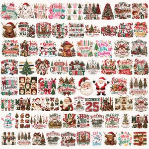 Pode incluir: Uma coleção digital de designs gráficos com tema natalino, apresentando ilustrações de Papai Noel, bonecos de neve, vacas highland, renas, árvores de Natal e textos festivos em vermelho, verde e branco.