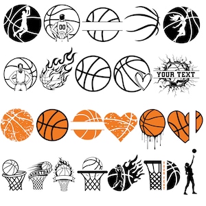 Pu&ograve; includere: Grafiche a tema basket in nero e arancione. I disegni includono palloni da basket, giocatori, fiamme e forme di cuore. Alcuni disegni hanno spazio per il testo. Ideale per lavori artigianali e design legati allo sport.