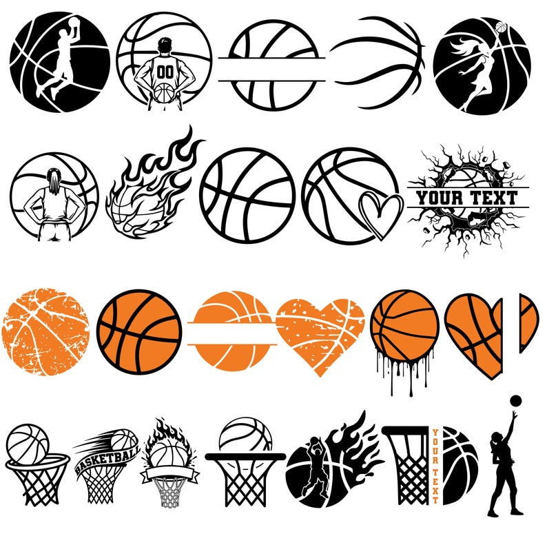 Pu&ograve; includere: Grafiche a tema basket in nero e arancione. I disegni includono palloni da basket, giocatori, fiamme e forme di cuore. Alcuni disegni hanno spazio per il testo. Ideale per lavori artigianali e design legati allo sport.