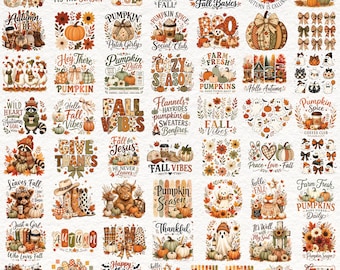 May include: A digital collection of autumn-themed graphic designs featuring pumpkins, ghosts, sunflowers, turkeys, and fall foliage. The illustrations include various seasonal phrases like 'Fall Vibes', 'Pumpkin Spice', 'Thankful', and 'Hello Fall' in warm colors.