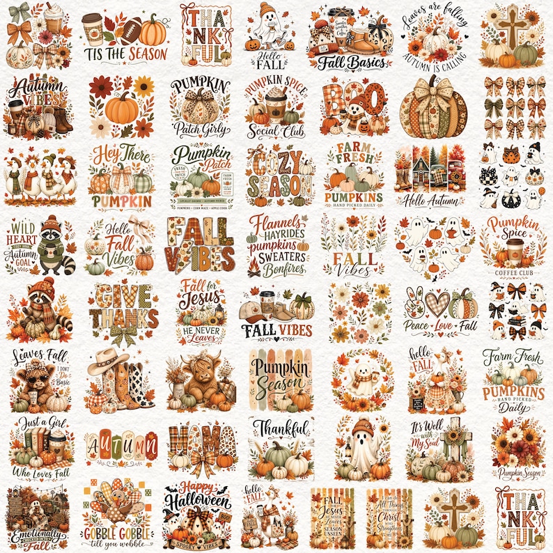 May include: A digital collection of autumn-themed graphic designs featuring pumpkins, ghosts, sunflowers, turkeys, and fall foliage. The illustrations include various seasonal phrases like 'Fall Vibes', 'Pumpkin Spice', 'Thankful', and 'Hello Fall' in warm colors.