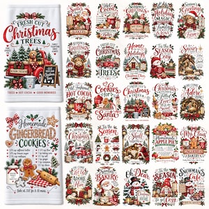 May include: A collection of rectangular white kitchen towels featuring various Christmas-themed graphic prints, including illustrations of Santa, gingerbread cookies, red trucks, nativity scenes, and holiday text like Fresh Cut Christmas Trees.