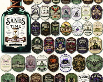 May include: A large dark green glass bottle with a cork stopper and twine, featuring a label titled Sands of Time. Surrounding the bottle are numerous decorative apothecary labels with various fantasy-themed names, illustrations, and text.