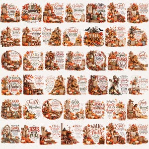 May include: A digital sheet featuring forty-eight individual fall-themed graphic designs. Each illustration incorporates autumn elements like pumpkins, sunflowers, and plaid patterns, paired with religious text and inspirational quotes about faith.
