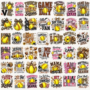 May include: A collection of forty-two individual graphic designs featuring yellow softballs, leopard print patterns, bows, and sports-themed text such as Game Day, Softball Mama, and Gameday, arranged in a grid on a plain white background.