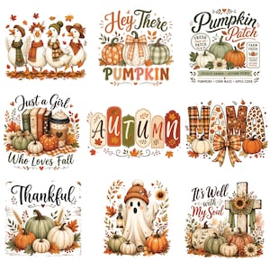 May include: A collection of nine autumn-themed graphic designs featuring geese, pumpkins, books, coffee, the word 'AUTUMN', the word 'MAMA', a ghost, and a cross with the text 'It's Well with My Soul', all decorated with fall leaves and foliage.