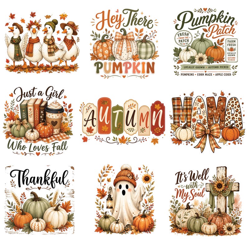 May include: A collection of nine autumn-themed graphic designs featuring geese, pumpkins, books, coffee, the word 'AUTUMN', the word 'MAMA', a ghost, and a cross with the text 'It's Well with My Soul', all decorated with fall leaves and foliage.