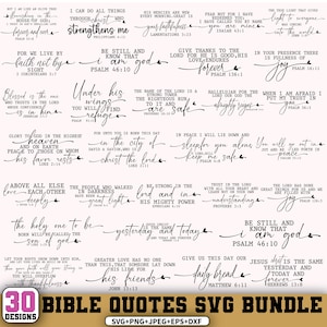 May include: A digital download bundle featuring 30 Bible quotes in a variety of elegant fonts. The designs include phrases like "forever and ever," "I am God," and "joy." The bundle includes SVG, PNG, JPEG, EPS, and DXF files.