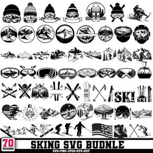 Könnte beinhalten: Eine Sammlung von 70 schwarz-weißen SVG-Designs zum Thema Skifahren. Die Designs umfassen Skibrillen, Mützen, Berge, Skifahrer, Skier und das Wort "SKI". Der Text "SKING SVG BUDNLE" ist ebenfalls vorhanden.