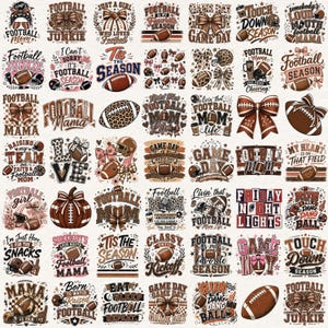 May include: A digital collection of football-themed graphic designs featuring brown footballs, leopard print patterns, bows, and text phrases like Football Mom, Game Day, and Touchdown Season in various brown, black, and white typography styles.
