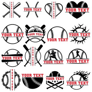 K&ouml;nnte beinhalten: Eine Sammlung von Baseball-Designs in Schwarz und Rot. Die Designs umfassen Baseb&auml;lle, Schl&auml;ger und Silhouetten von Spielern. Jedes Design hat den Text "YOUR TEXT" in einem roten Banner, ideal f&uuml;r die Personalisierung.