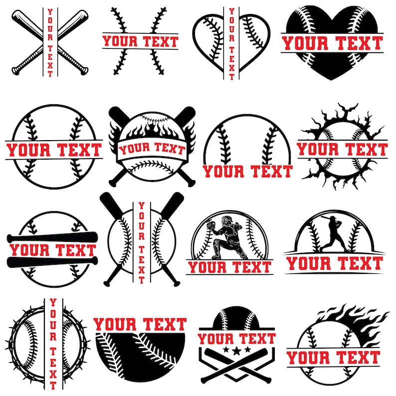 K&ouml;nnte beinhalten: Eine Sammlung von Baseball-Designs in Schwarz und Rot. Die Designs umfassen Baseb&auml;lle, Schl&auml;ger und Silhouetten von Spielern. Jedes Design hat den Text "YOUR TEXT" in einem roten Banner, ideal f&uuml;r die Personalisierung.